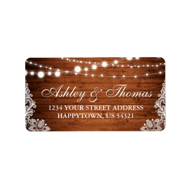 Rustic Wedding Wood String Lights Lace Address Label | Zazzle