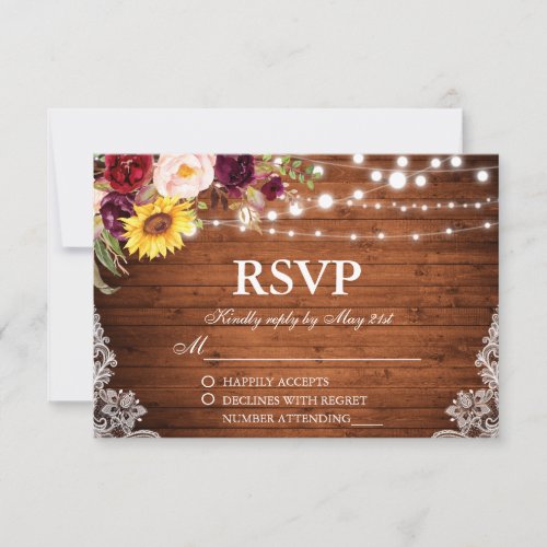 Rustic Wedding Wood String Lights Lace Floral RSVP Card