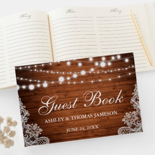 Rustic Wedding Wood String Lights Lace Guest Book
