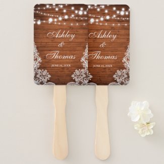 Rustic Wedding Hand Fan with Wood, String Lights and Lace