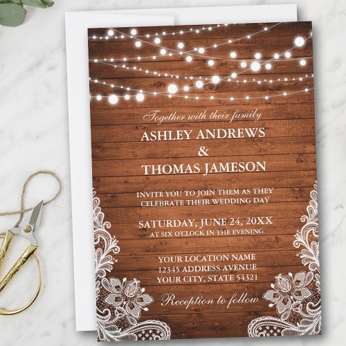 Rustic Wedding Wood String Lights Lace Invitation