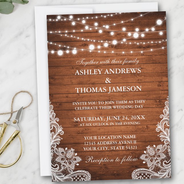Rustic Wedding Wood String Lights Lace Invitation (Customize to add more text or photos to back of card.)