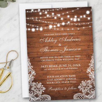 Rustic Wedding Wood String Lights Lace Invite by SugarandSpicePaperCo at Zazzle