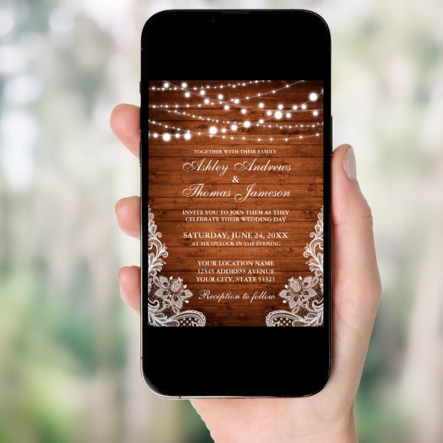 Rustic Wedding Wood String Lights Lace Invite (Front Digital)
