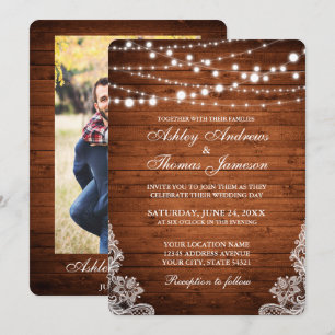 Rustic Wedding Wood String Lights Lace Invite PBR