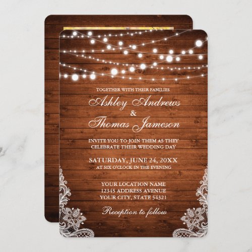 Rustic Wedding Wood String Lights Lace Invite PBR