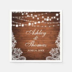 Rustic Wedding Wood String Lights Lace Napkins