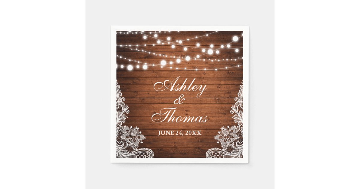 Rustic Wedding Wood String Lights Lace Napkins | Zazzle