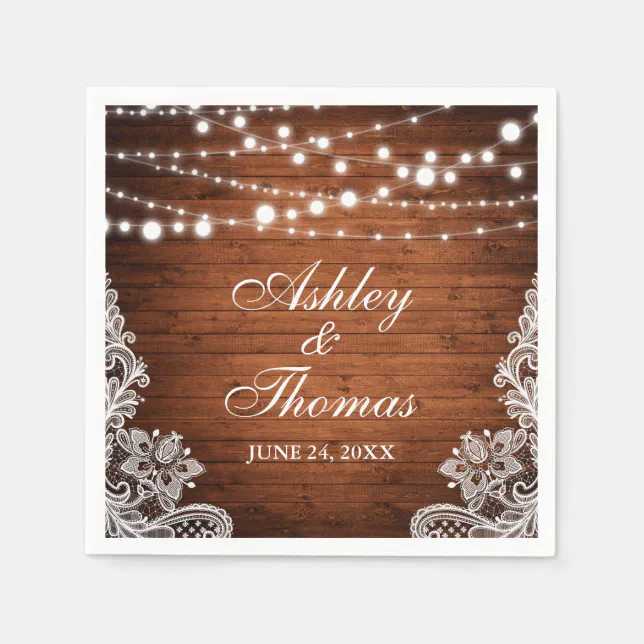 Rustic Wedding Wood String Lights Lace Napkins | Zazzle