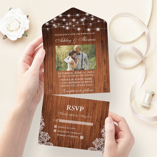 Rustic Wedding Wood String Lights Lace Photo All In One Invitation