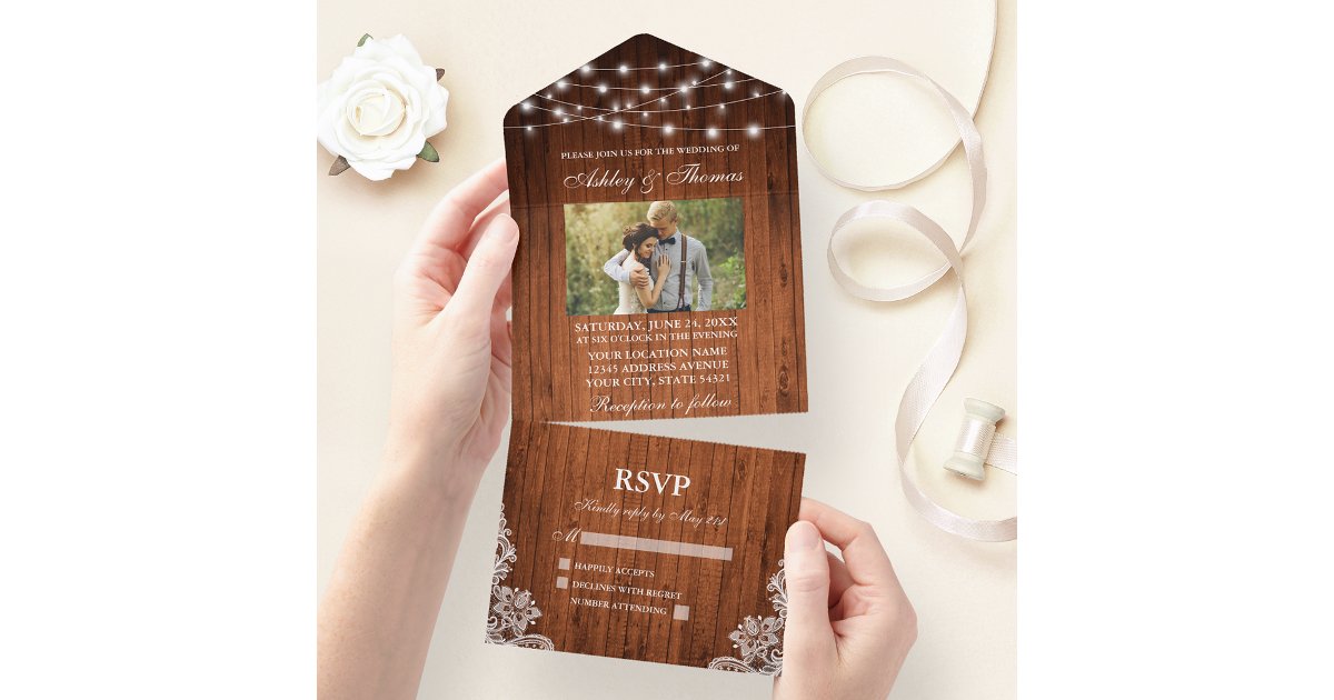Rustic Wedding Wood String Lights Lace Photo All In One Invitation | Zazzle