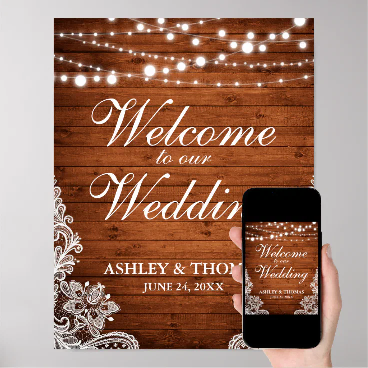 Rustic Wedding Wood String Lights Lace Poster Zazzle