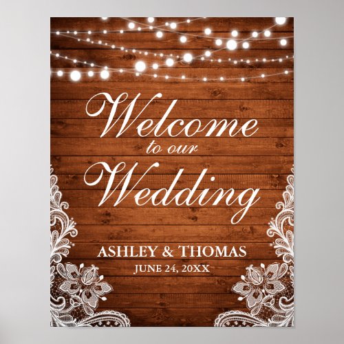 Rustic Wedding Wood String Lights Lace Poster