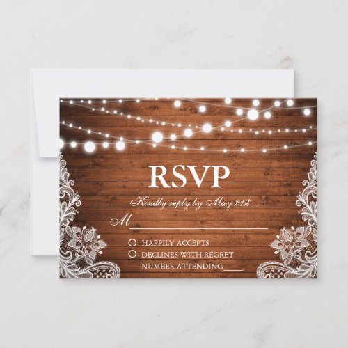 Rustic Wedding Wood String Lights Lace RSVP