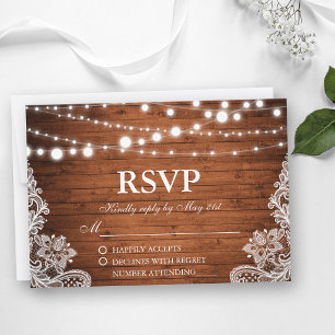 Rustic Wedding Wood String Lights Lace RSVP Card