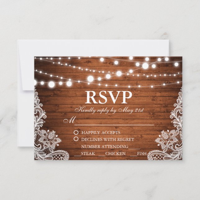 Rustic Wedding Wood String Lights Lace RSVP w/Meal (Front)