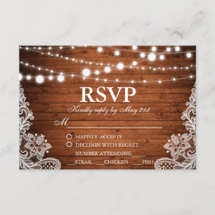 Rustic Wedding Wood String Lights Lace RSVP w/Meal Card