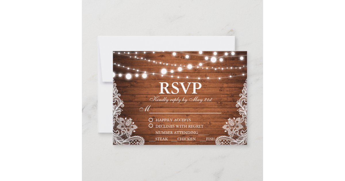 Rustic Wedding Wood String Lights Lace RSVP w/Meal Card | Zazzle