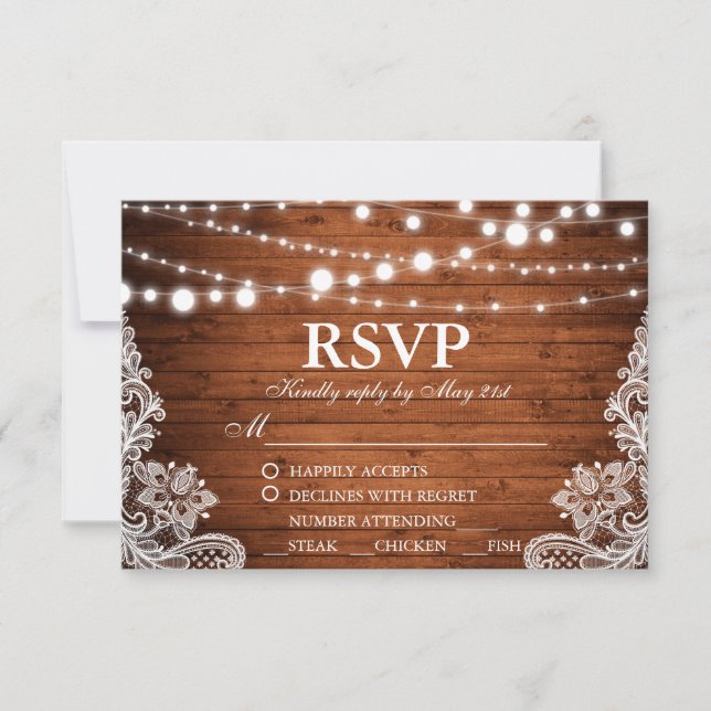 Rustic Wedding Wood String Lights Lace RSVP w/Meal Card (Front)