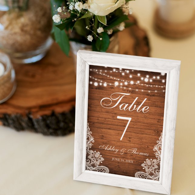 Rustic Wedding Wood String Lights Lace Table Number (Rustic Table Card with String Lights.)