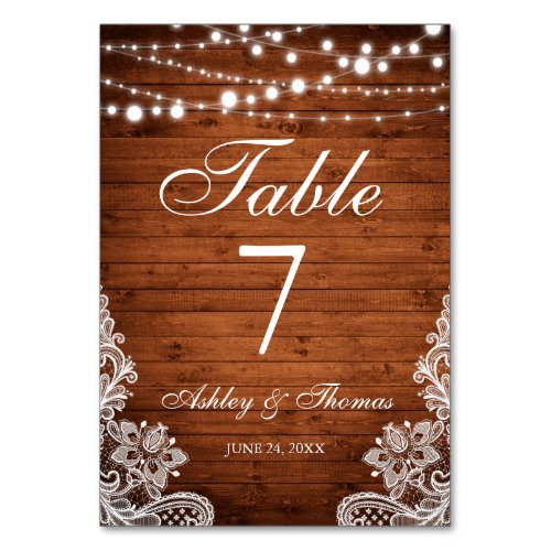 Rustic Wedding Wood String Lights Lace Table Table Number