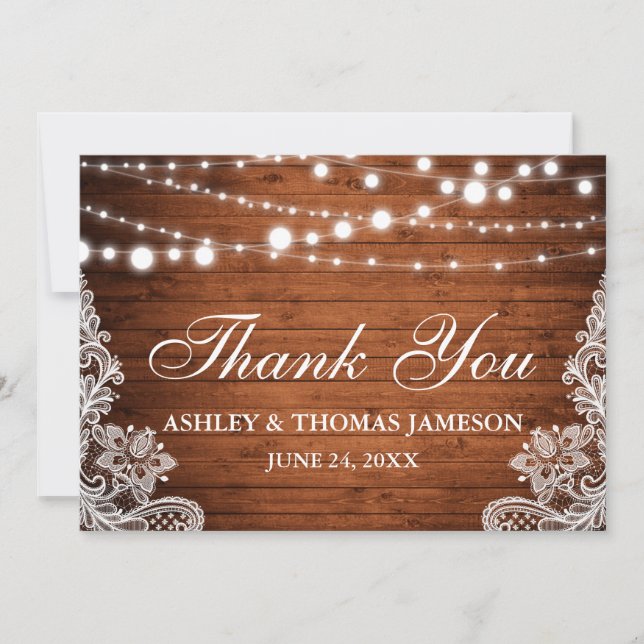 Rustic Wedding Wood String Lights Lace Thank You (Front)