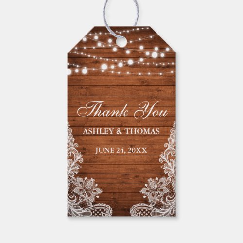 Rustic Wedding Wood String Lights Lace Thank You Gift Tags