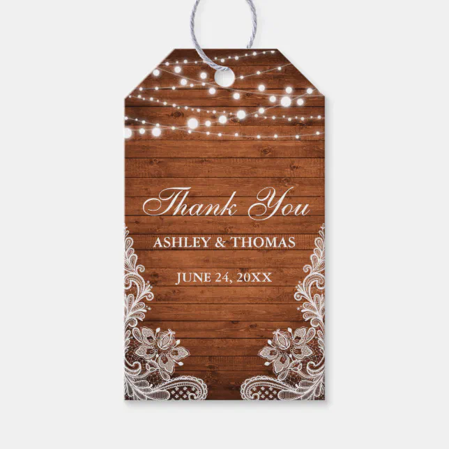 Rustic Wedding Wood String Lights Lace Thank You Gift Tags | Zazzle