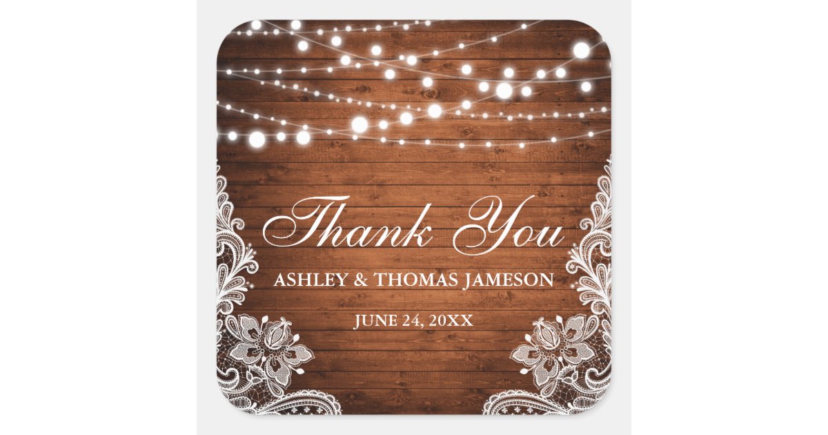 Rustic Wedding Wood String Lights Lace Thank You Square Sticker | Zazzle