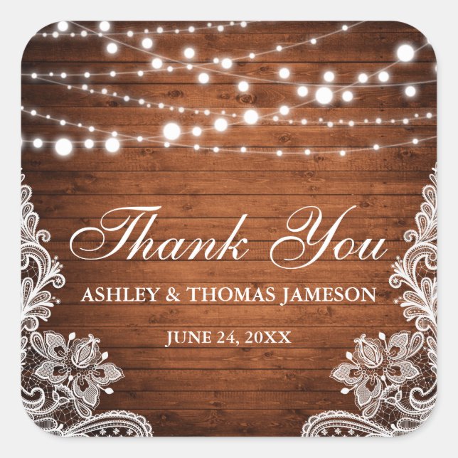 Rustic Wedding Wood String Lights Lace Thank You Square Sticker (Front)