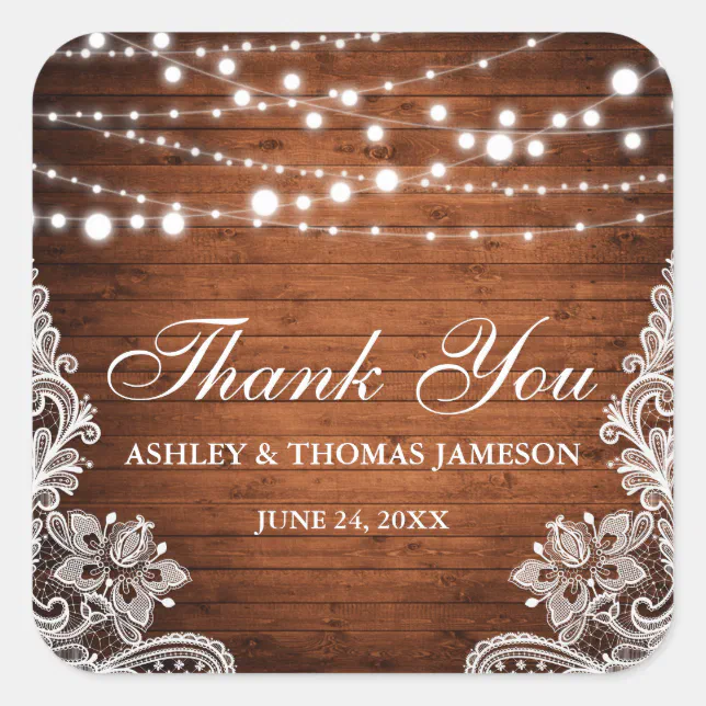 Rustic Wedding Wood String Lights Lace Thank You Square Sticker | Zazzle