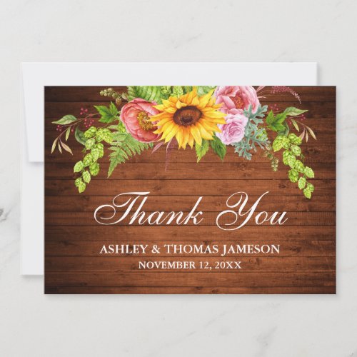 Rustic Wedding Wood Sunflower Floral Thank You Card