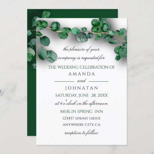 Rustic Wedding Woodland White Eucalyptus Green Invitation