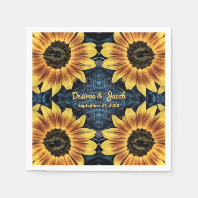 Rustic Wedding Yellow Sunflower Denim Blue Jeans Napkins (Front)
