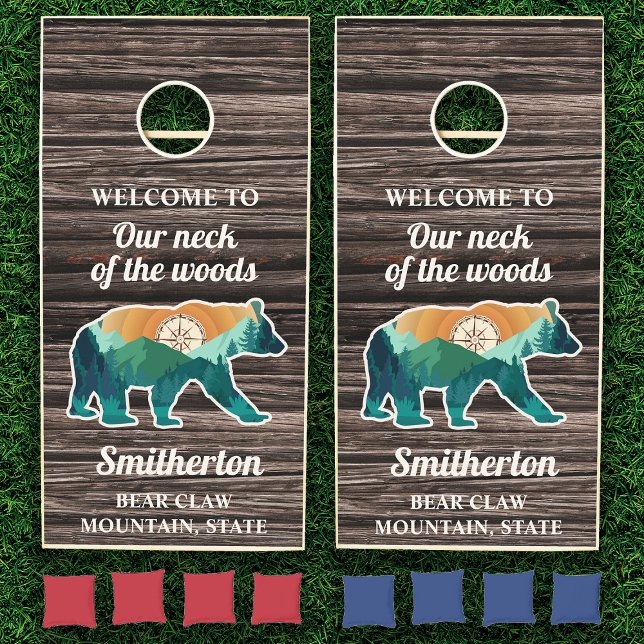 Rustic Welcome Bear Mountains Compass Family Name  Cornhole Set ("Welcome to our neck of the woods" mountains and bear custom cornhole set)