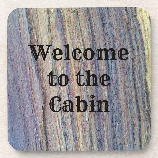 Rustic Welcome Cabin Vertical Stripe Woodgrain Beverage Coaster (Front)