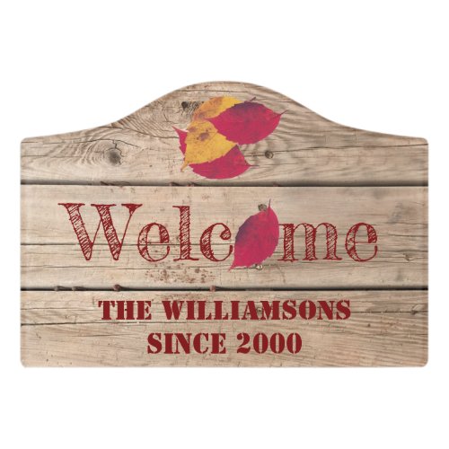 Rustic Welcome Custom Name Autumn Leaves Door Sign