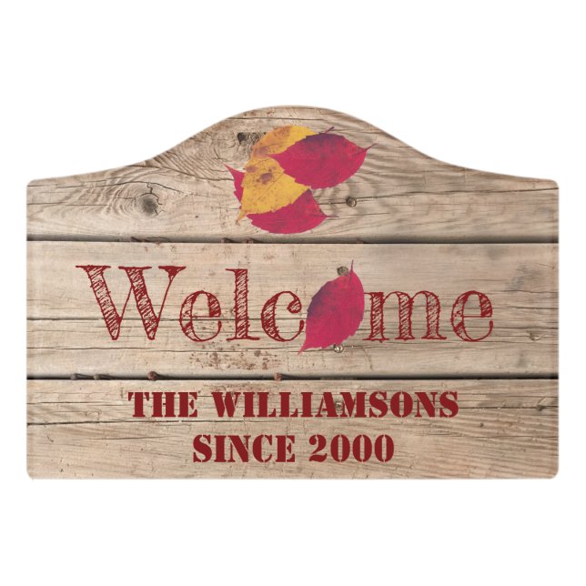 Rustic Welcome Custom Name Autumn Leaves Door Sign (Small Crest Front)