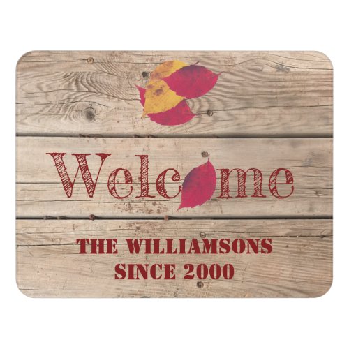 Rustic Welcome Custom Name Autumn Leaves Door Sign