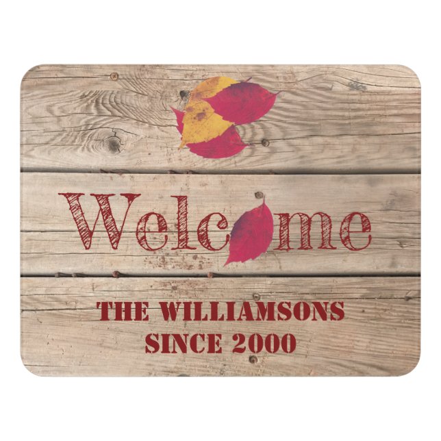 Rustic Welcome Custom Name Autumn Leaves Door Sign (Contemporary Front)