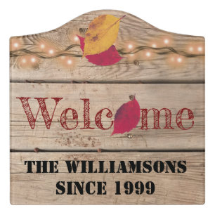 Rustic Welcome Custom Name Autumn Leaves Fireflies Door Sign