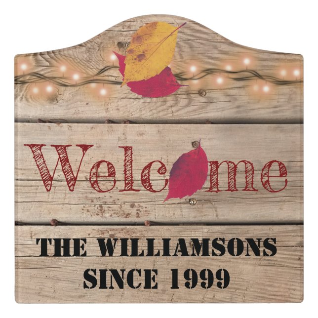 Rustic Welcome Custom Name Autumn Leaves Fireflies Door Sign (Large Crest Front)