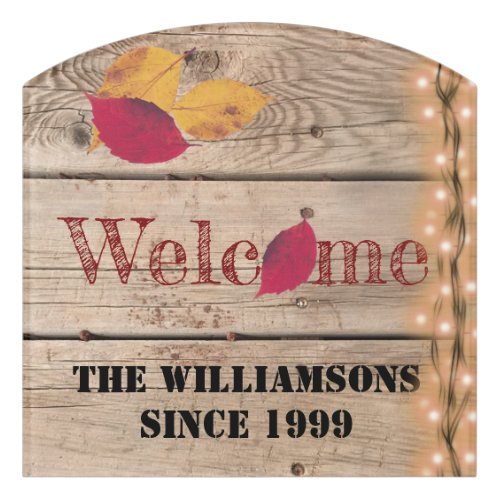 Rustic Welcome Custom Name Autumn Leaves Fireflies Door Sign