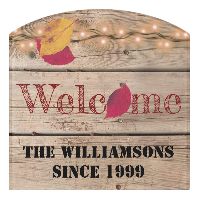 Rustic Welcome Custom Name Autumn Leaves Fireflies Door Sign (Contour Front)