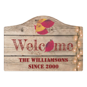 Rustic Welcome Custom Name Autumn Leaves Fireflies Door Sign