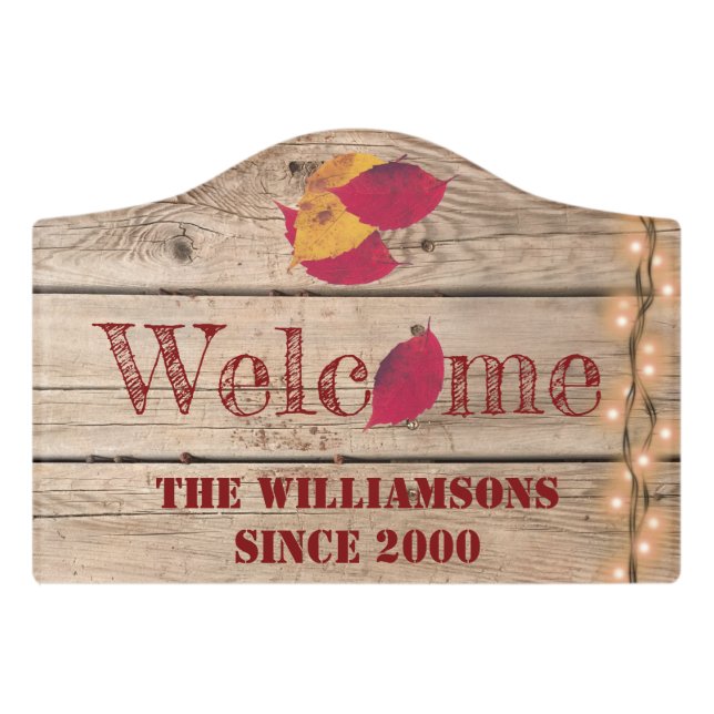 Rustic Welcome Custom Name Autumn Leaves Fireflies Door Sign (Small Crest Front)