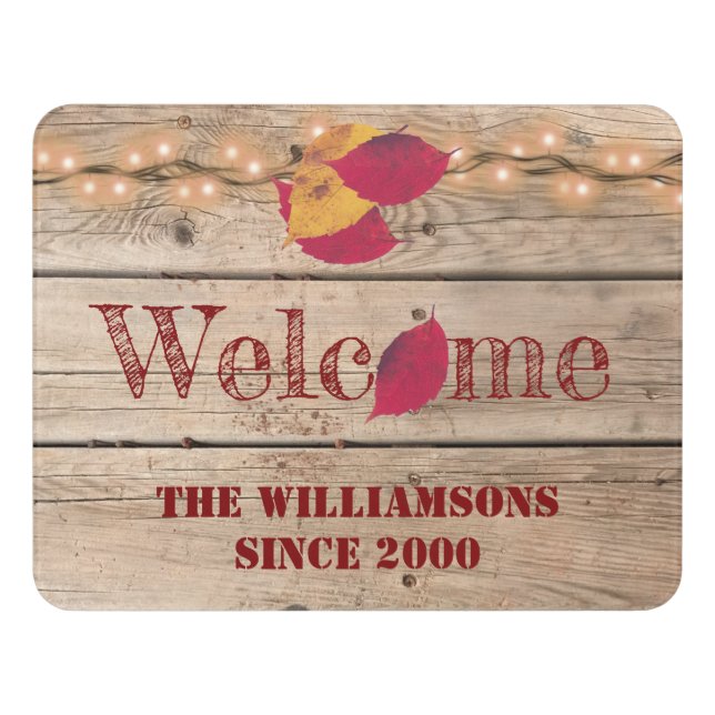 Rustic Welcome Custom Name Autumn Leaves Fireflies Door Sign (Contemporary Front)