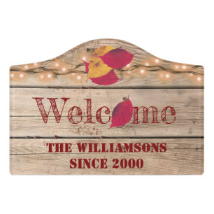 Rustic Welcome Custom Name Autumn Leaves Fireflies Door Sign