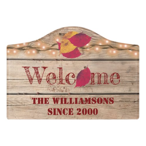 Rustic Welcome Custom Name Autumn Leaves Fireflies Door Sign