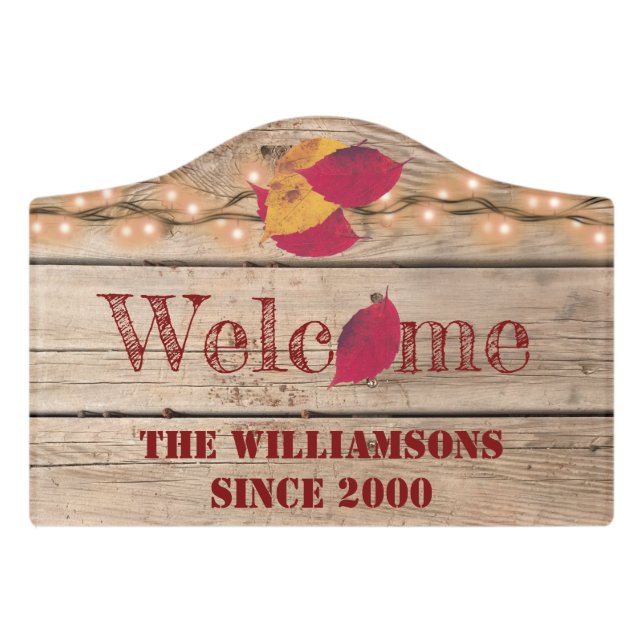 Rustic Welcome Custom Name Autumn Leaves Fireflies Door Sign (Small Crest Front)